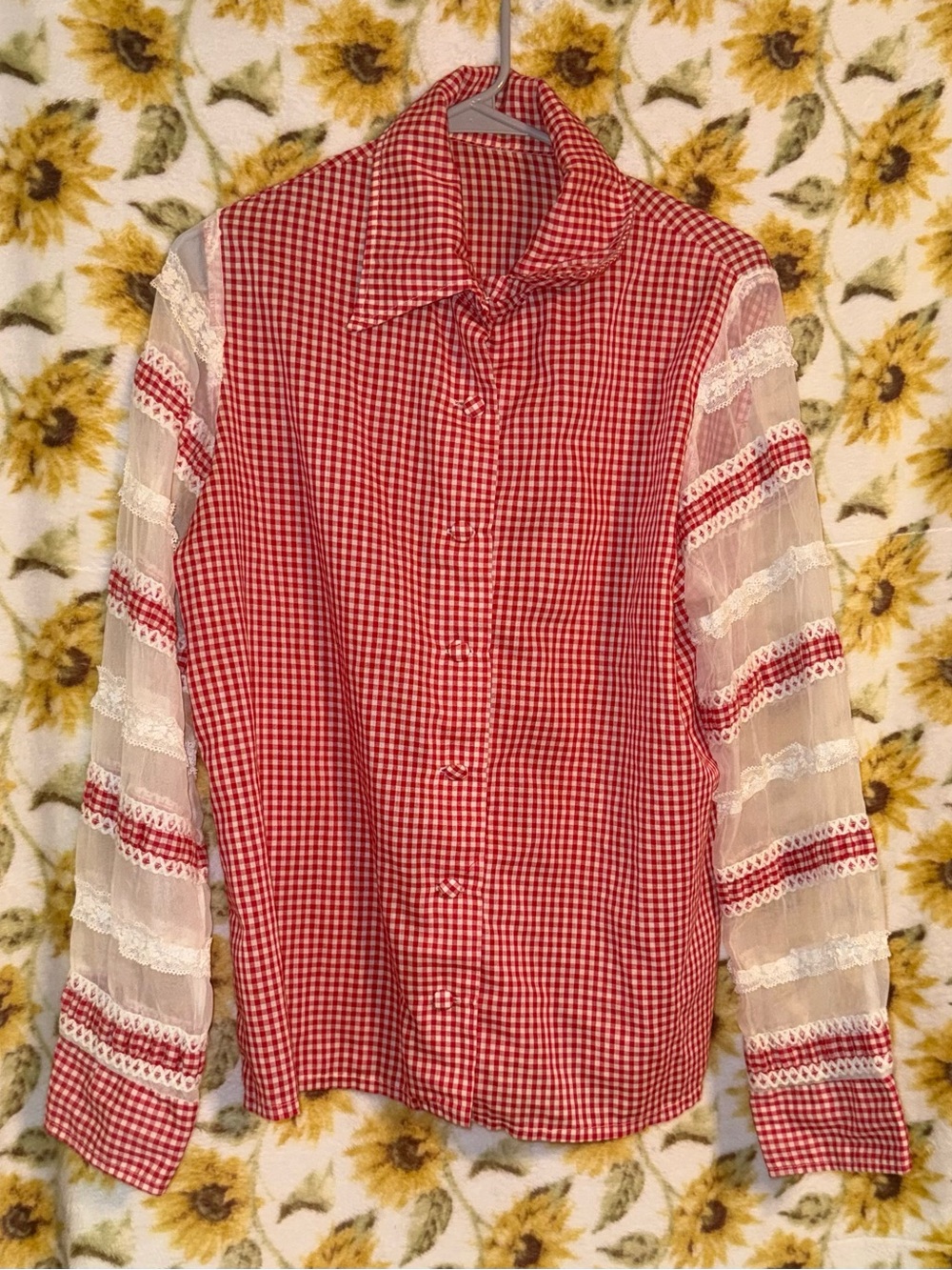 VTG Handmade size large red gingham long sleeve button up top